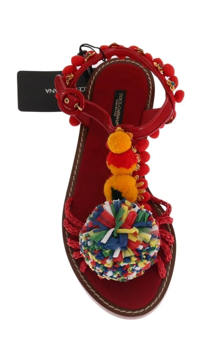 Red Leather Crystal Pom Pom Sandals