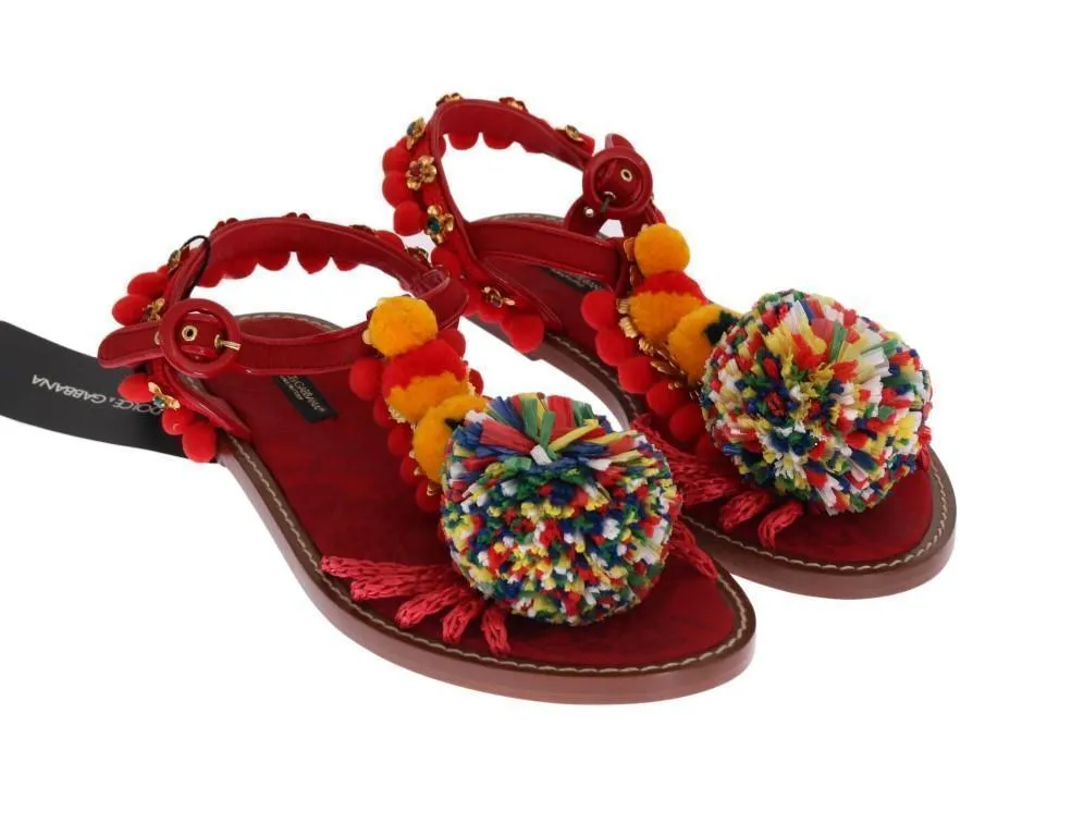 Red Leather Crystal Pom Pom Sandals