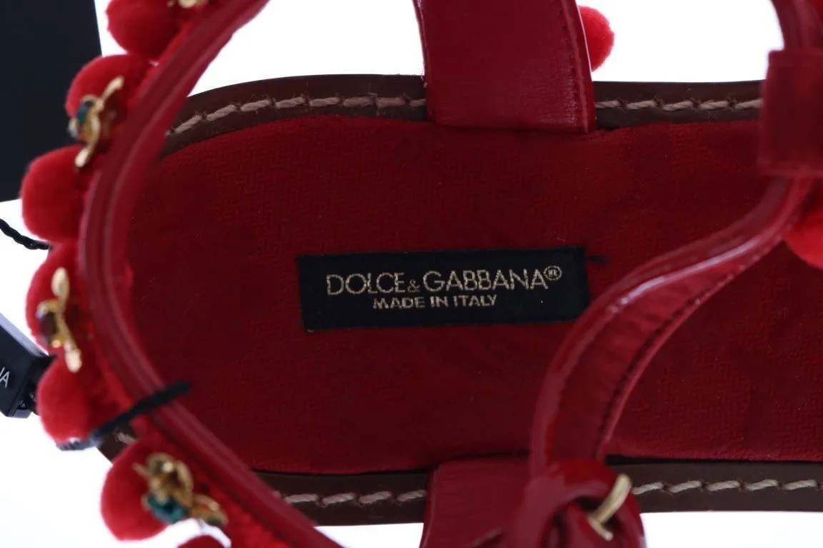 Red Leather Crystal Pom Pom Sandals