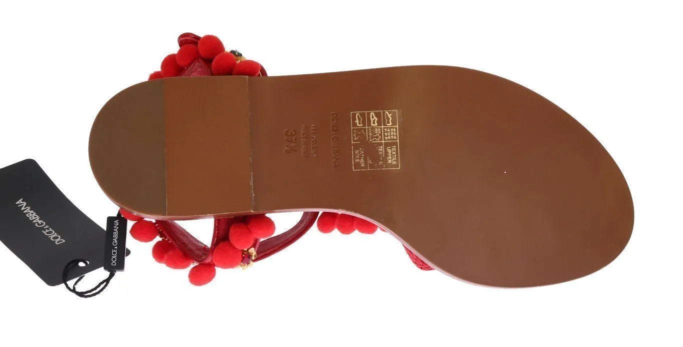 Red Leather Crystal Pom Pom Sandals