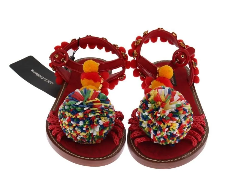 Red Leather Crystal Pom Pom Sandals
