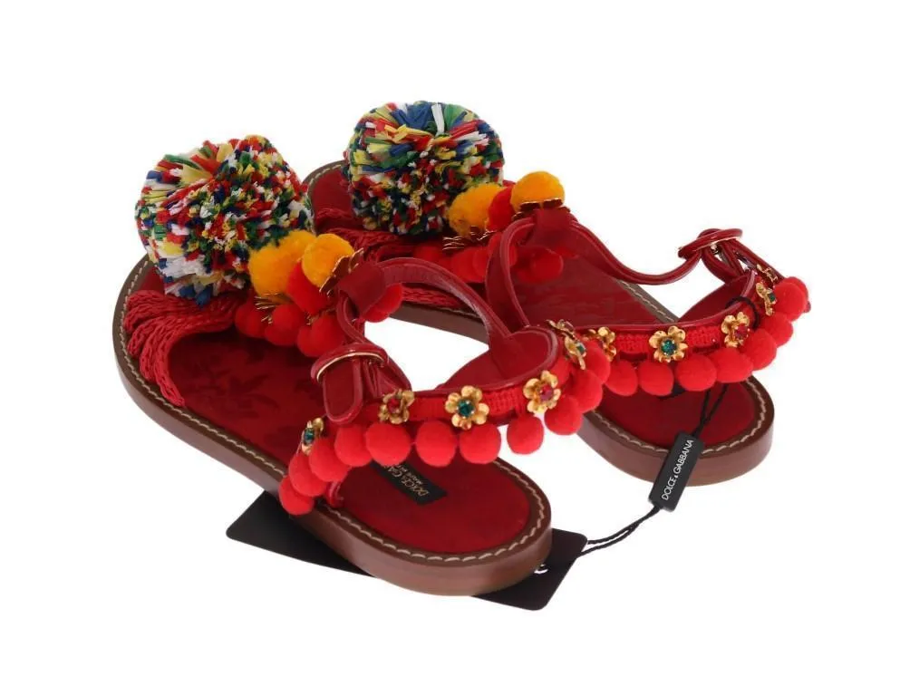Red Leather Crystal Pom Pom Sandals