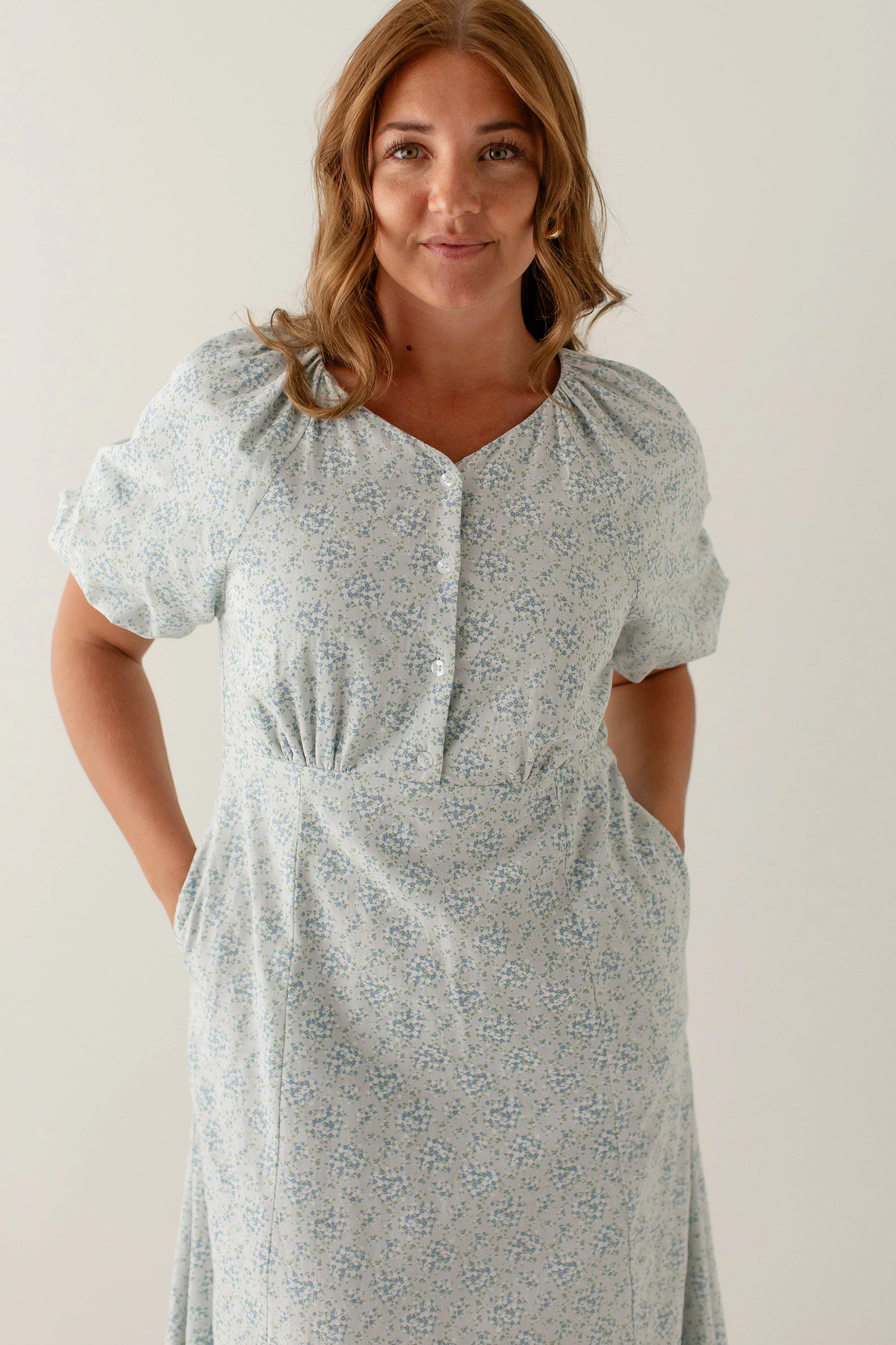 'Serenade' Floral Button Down Puff Sleeve Midi Dress