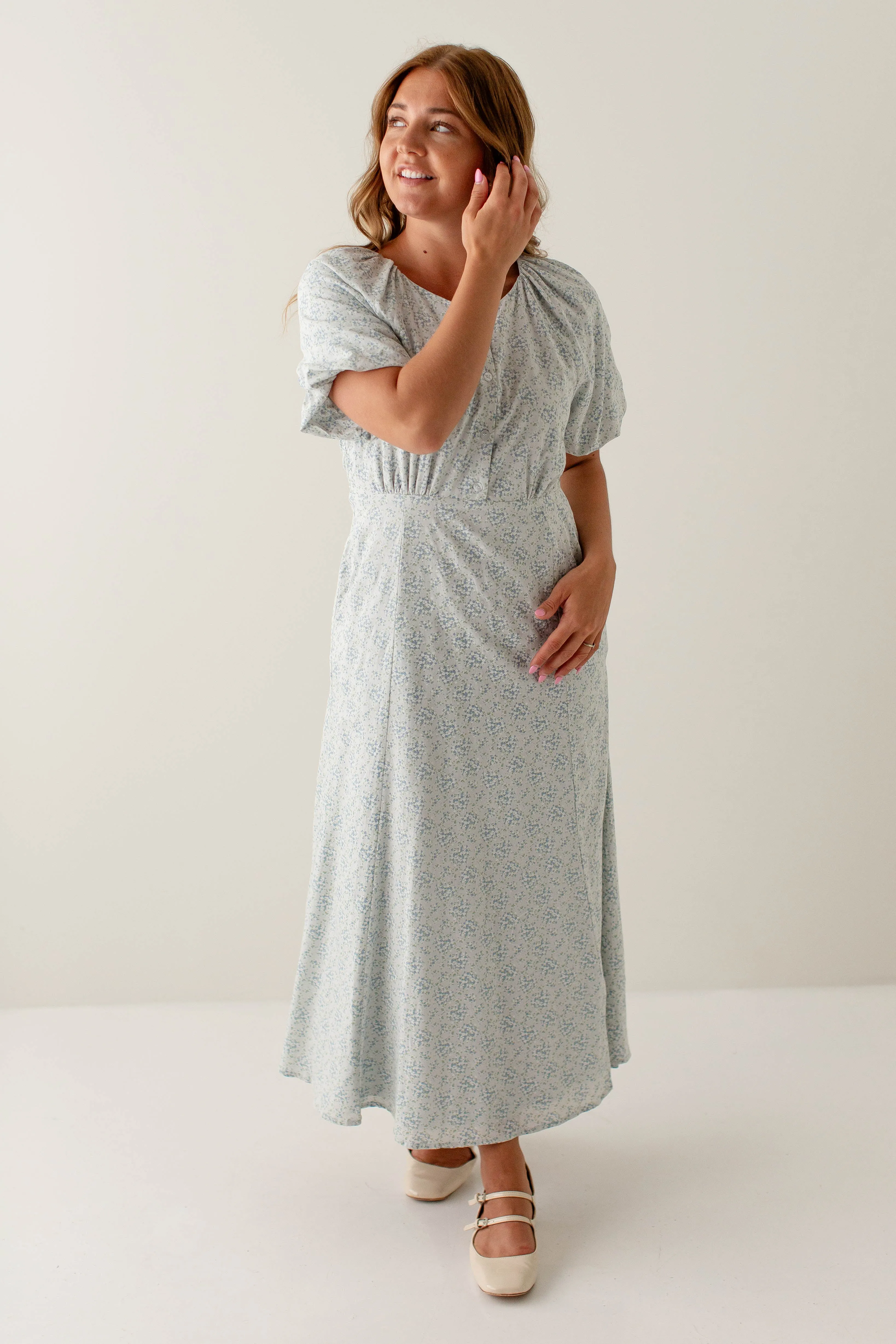 'Serenade' Floral Button Down Puff Sleeve Midi Dress