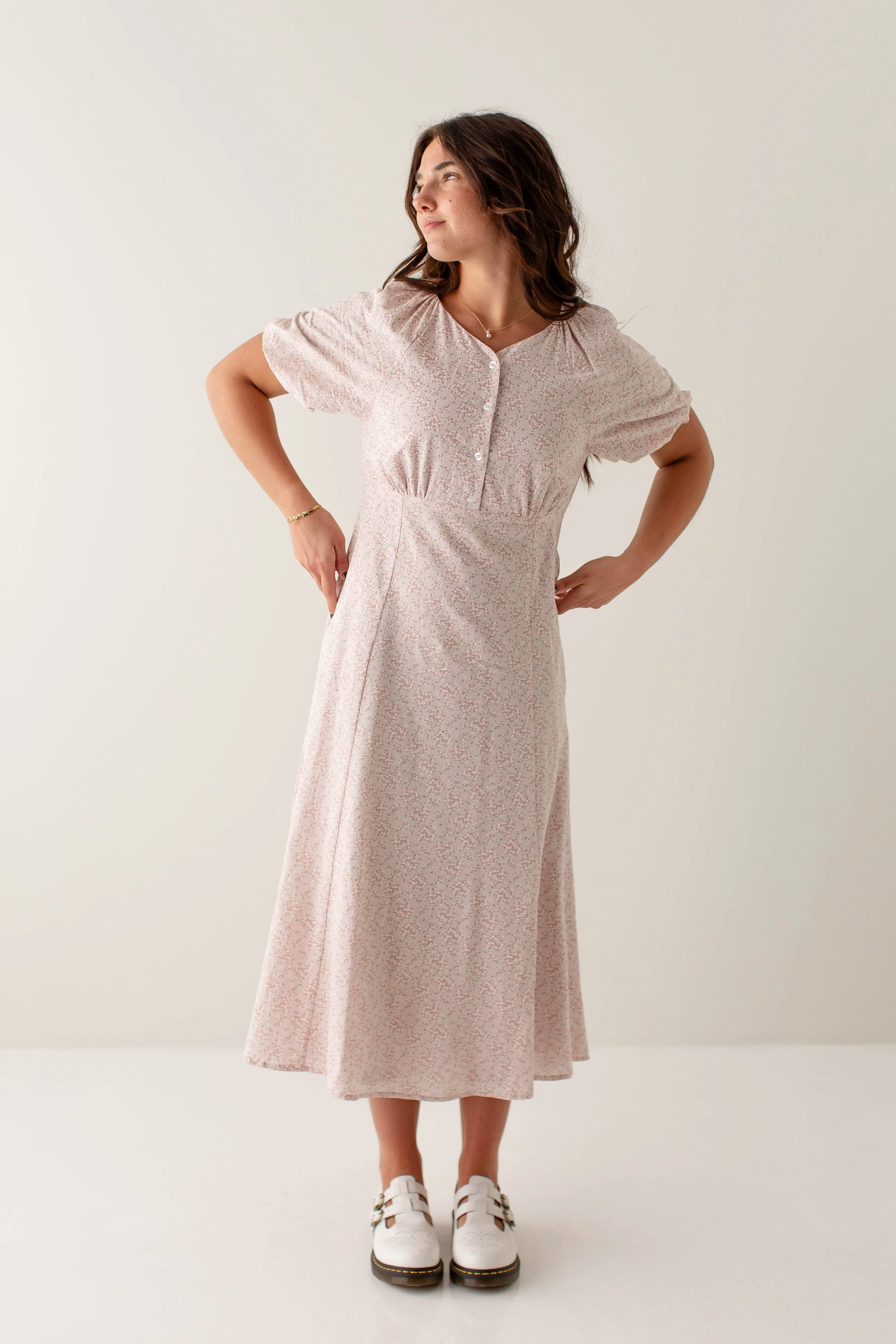 'Serenade' Floral Button Down Puff Sleeve Midi Dress