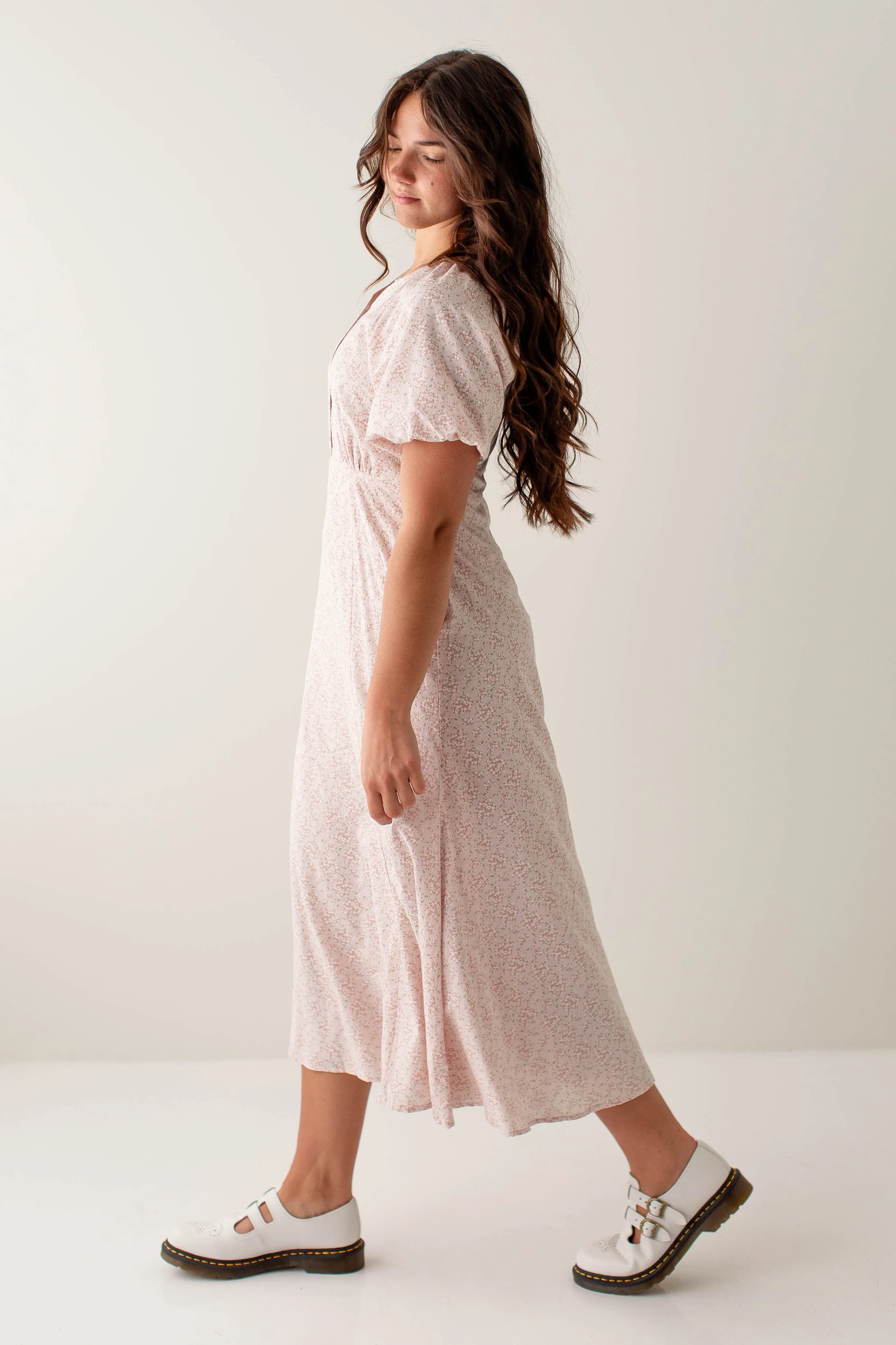 'Serenade' Floral Button Down Puff Sleeve Midi Dress