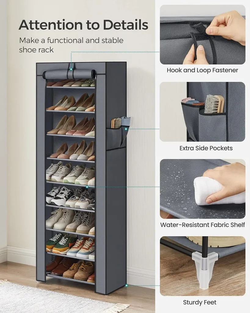 SONGMICS 9 Tier Shoe Rack for 27-35 Pairs of Shoes with Nonwoven Fabric Cover Grey