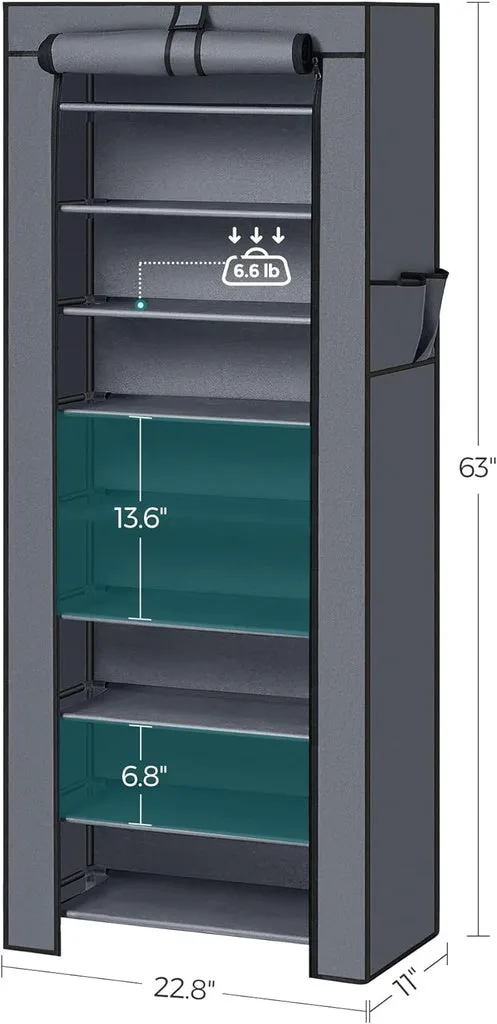 SONGMICS 9 Tier Shoe Rack for 27-35 Pairs of Shoes with Nonwoven Fabric Cover Grey