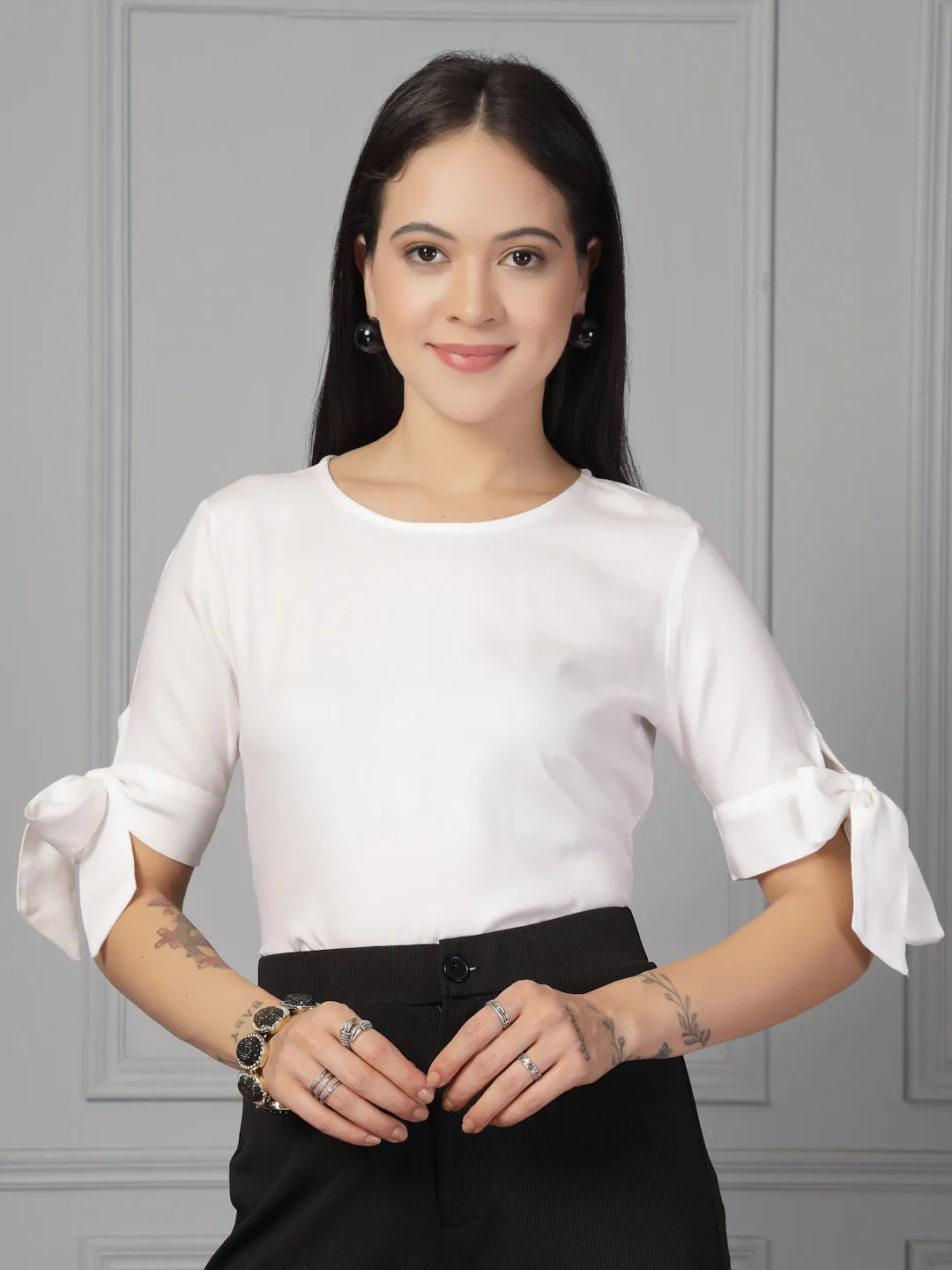 Style Quotient Women White Regular Fit Formal Rayon Top