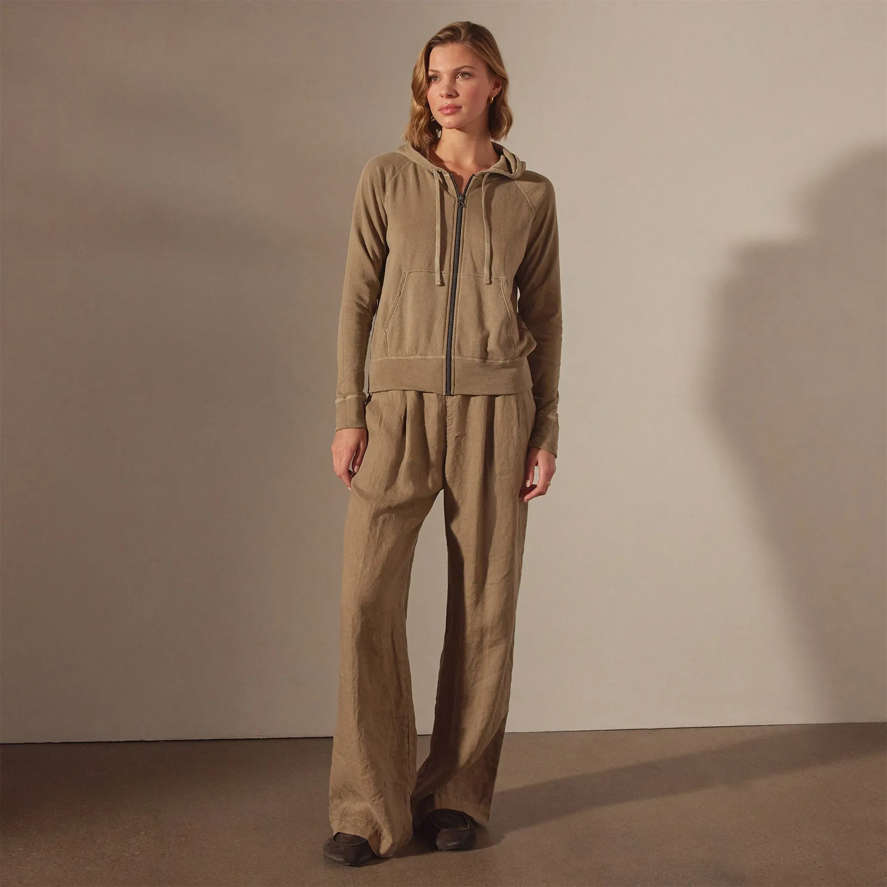 Vintage French Terry Zip Up Hoodie - Cashew Pigment