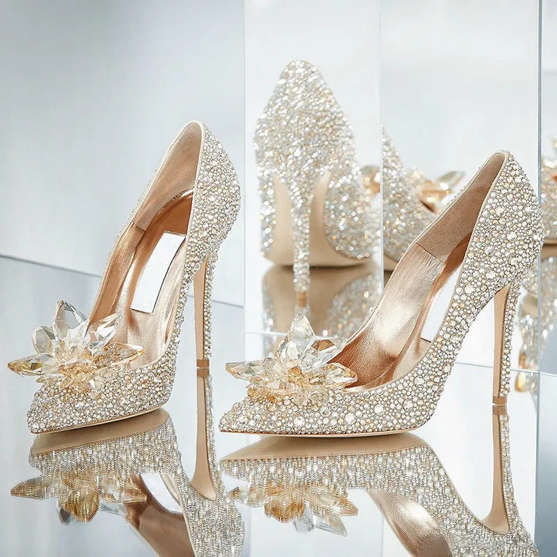 Wedding Shoes Woman Wedding Dress Bride Shoe Silver High-heeled Shoes Woman Fine With Princess Rhinestone