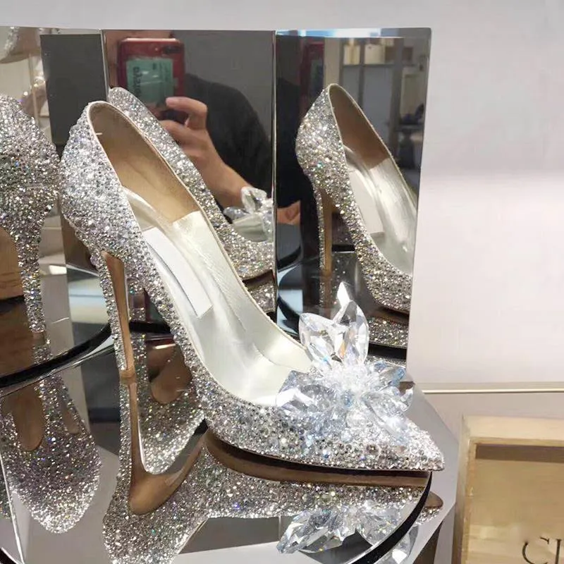 Wedding Shoes Woman Wedding Dress Bride Shoe Silver High-heeled Shoes Woman Fine With Princess Rhinestone