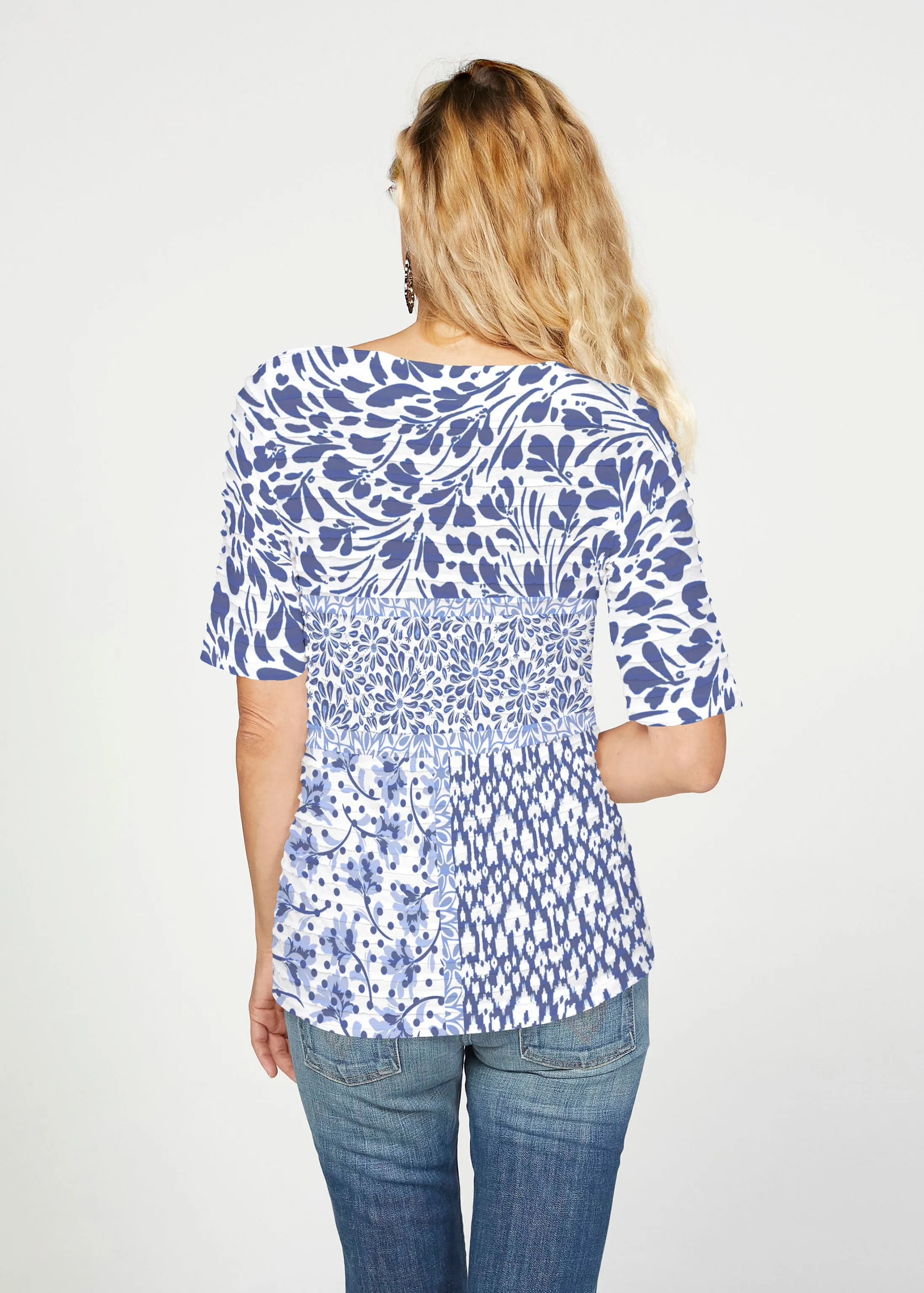 Whimsical Blue (13560) ~ Banded Elbow Sleeve Boat Neck Top