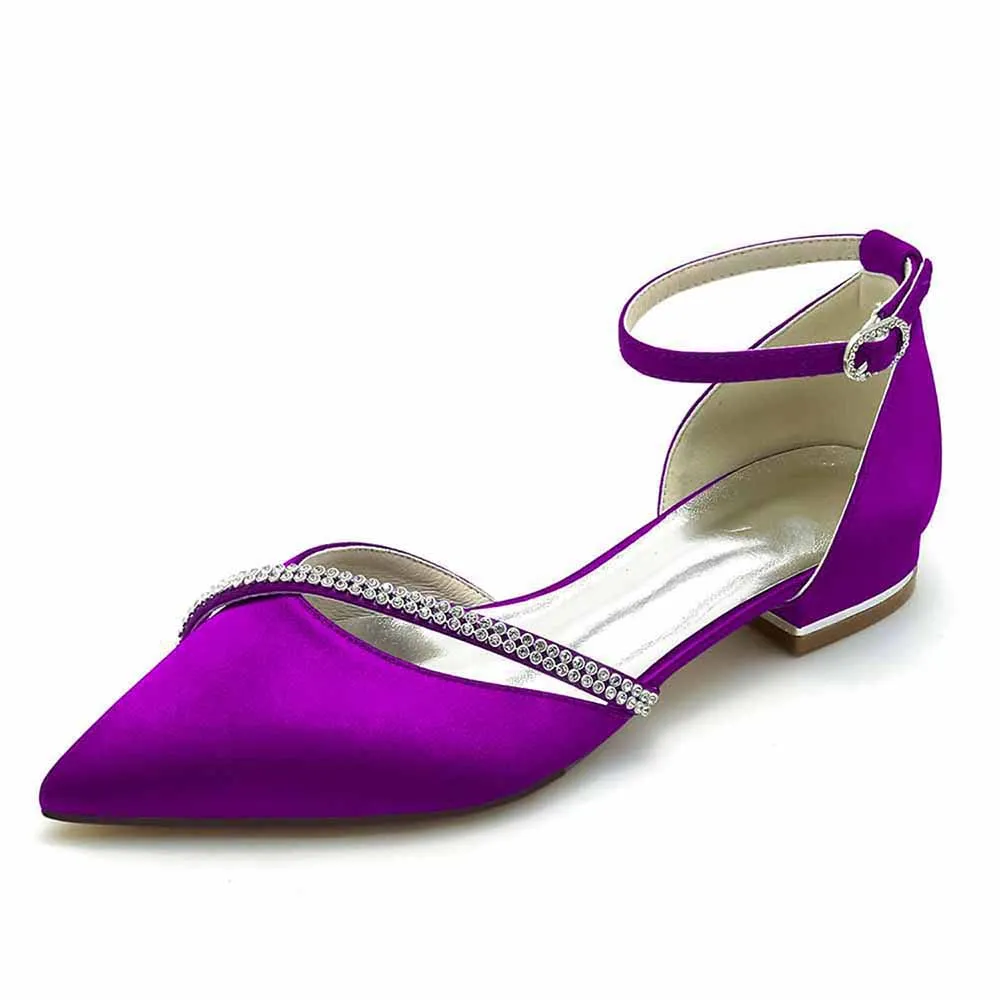 Women hand-made flat heel pointed toe ankle strap party wedding shoes with rhinestones