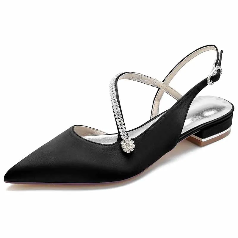 Women hand-made flat heel pointed toe party wedding shoes with rhinestones