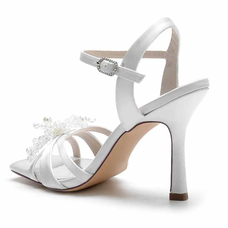 Women's Low Heel Stilettos Open Toe Pump Heel Satin Beaded Sandals