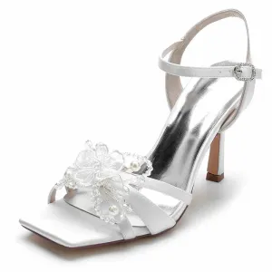 Women's Low Heel Stilettos Open Toe Pump Heel Satin Beaded Sandals