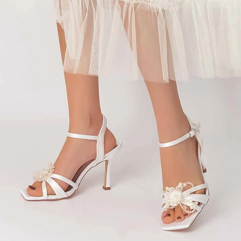 Women's Low Heel Stilettos Open Toe Pump Heel Satin Beaded Sandals