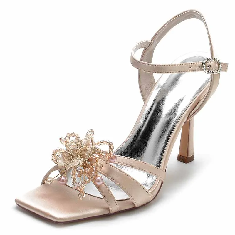 Women's Low Heel Stilettos Open Toe Pump Heel Satin Beaded Sandals