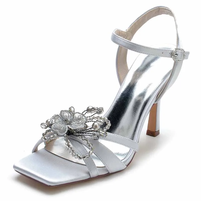 Women's Low Heel Stilettos Open Toe Pump Heel Satin Beaded Sandals