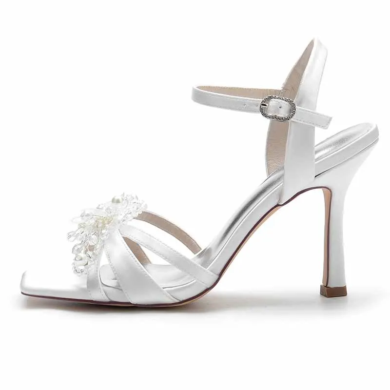 Women's Low Heel Stilettos Open Toe Pump Heel Satin Beaded Sandals