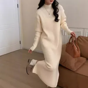 XIEYINSHE 2025 semi-turtleneck pit strip sweater skirt with autumn and winter new lazy loose split basic base dress