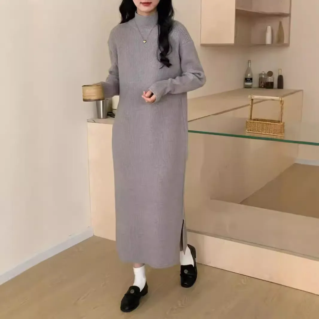 XIEYINSHE 2025 semi-turtleneck pit strip sweater skirt with autumn and winter new lazy loose split basic base dress