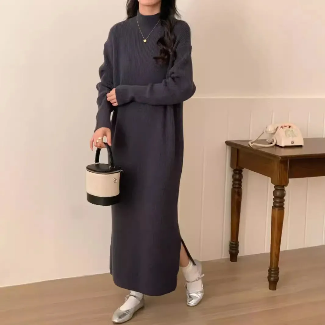 XIEYINSHE 2025 semi-turtleneck pit strip sweater skirt with autumn and winter new lazy loose split basic base dress