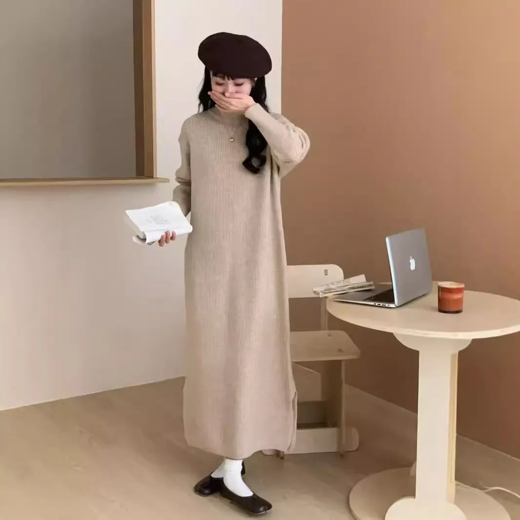 XIEYINSHE 2025 semi-turtleneck pit strip sweater skirt with autumn and winter new lazy loose split basic base dress