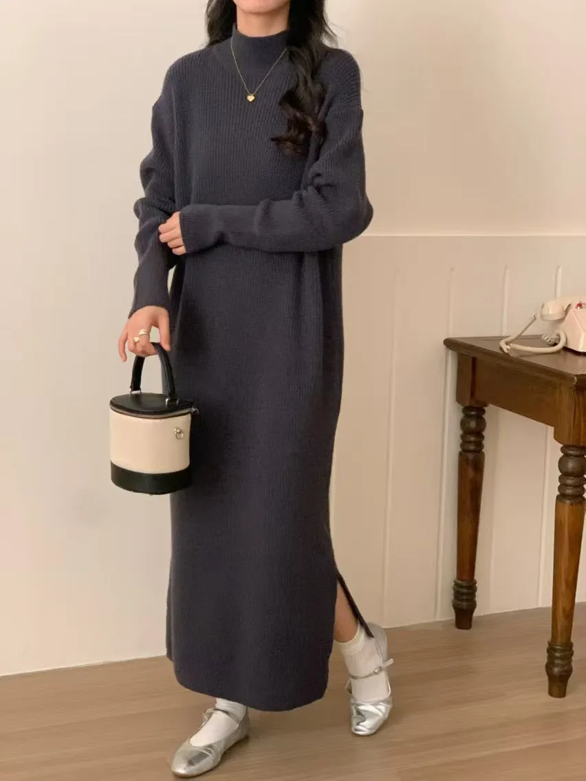 XIEYINSHE 2025 semi-turtleneck pit strip sweater skirt with autumn and winter new lazy loose split basic base dress