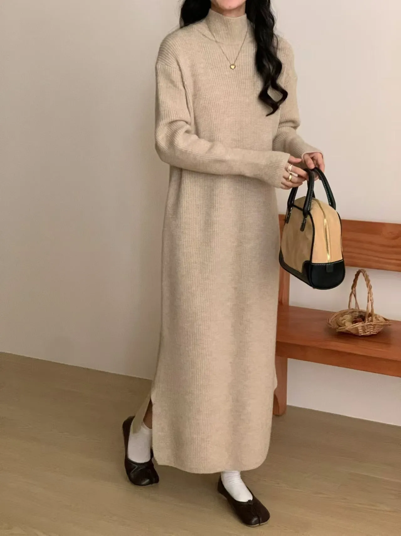 XIEYINSHE 2025 semi-turtleneck pit strip sweater skirt with autumn and winter new lazy loose split basic base dress