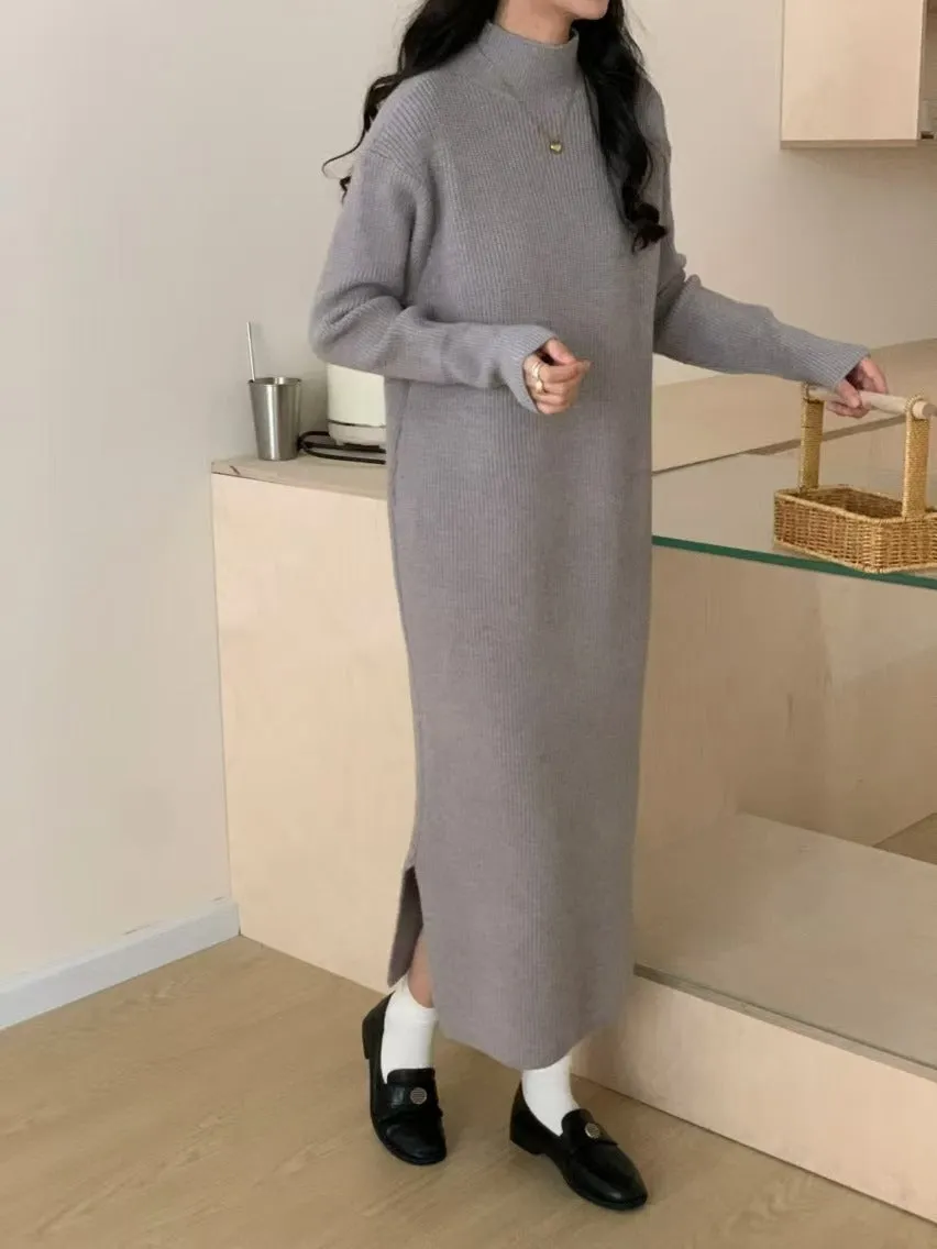 XIEYINSHE 2025 semi-turtleneck pit strip sweater skirt with autumn and winter new lazy loose split basic base dress