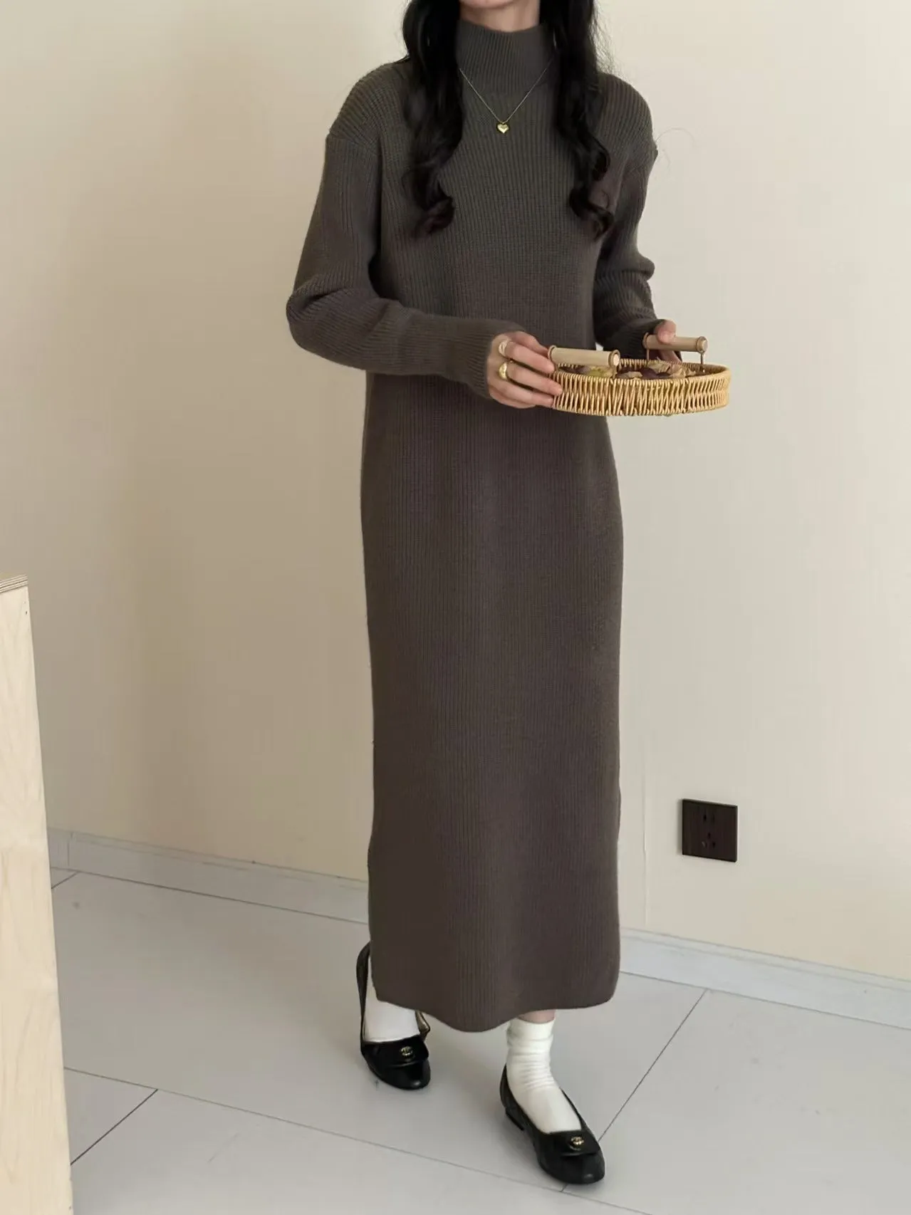 XIEYINSHE 2025 semi-turtleneck pit strip sweater skirt with autumn and winter new lazy loose split basic base dress