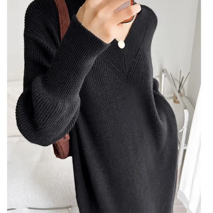 XIEYINSHE 2025Autumn and winter large size lazy wind v-neck long inner sweater skirt autumn and winter women's thickened loose bottoming knitted dress