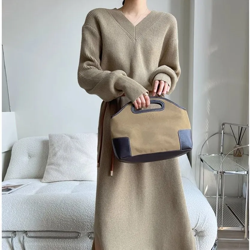 XIEYINSHE 2025Autumn and winter large size lazy wind v-neck long inner sweater skirt autumn and winter women's thickened loose bottoming knitted dress