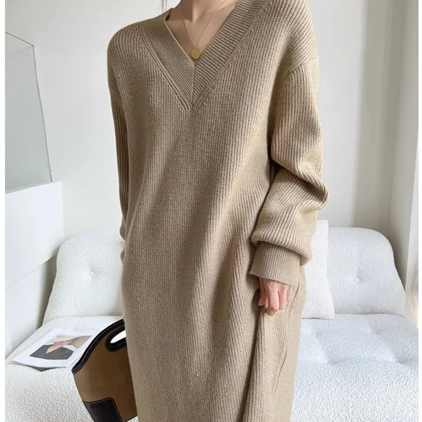 XIEYINSHE 2025Autumn and winter large size lazy wind v-neck long inner sweater skirt autumn and winter women's thickened loose bottoming knitted dress