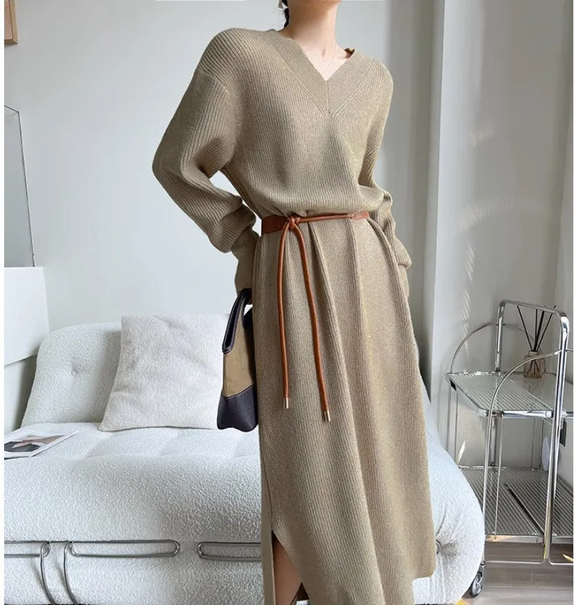XIEYINSHE 2025Autumn and winter large size lazy wind v-neck long inner sweater skirt autumn and winter women's thickened loose bottoming knitted dress