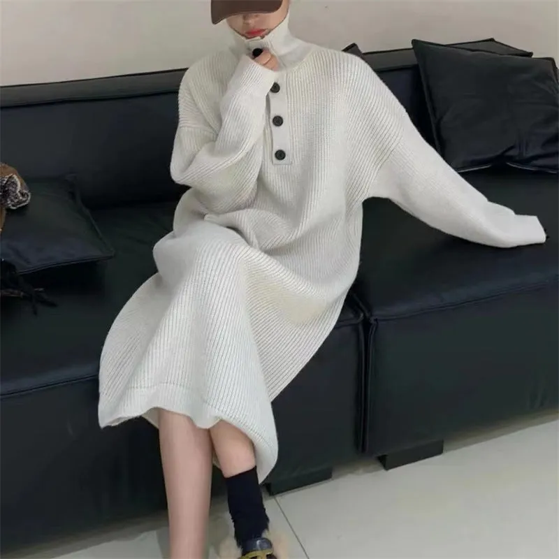 XIEYINSHE 2025Autumn and winter lazy wind over the knee sweater dress women's long meat covering loose tall solid color knitted sweater long dress women