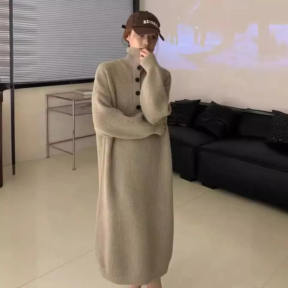 XIEYINSHE 2025Autumn and winter lazy wind over the knee sweater dress women's long meat covering loose tall solid color knitted sweater long dress women