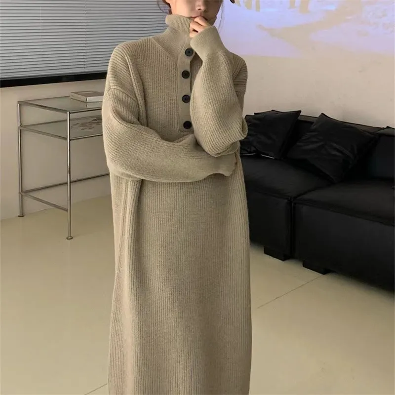 XIEYINSHE 2025Autumn and winter lazy wind over the knee sweater dress women's long meat covering loose tall solid color knitted sweater long dress women
