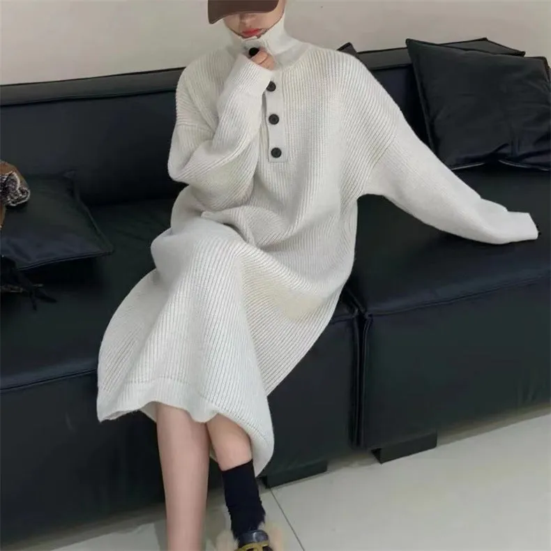 XIEYINSHE 2025Autumn and winter lazy wind over the knee sweater dress women's long meat covering loose tall solid color knitted sweater long dress women