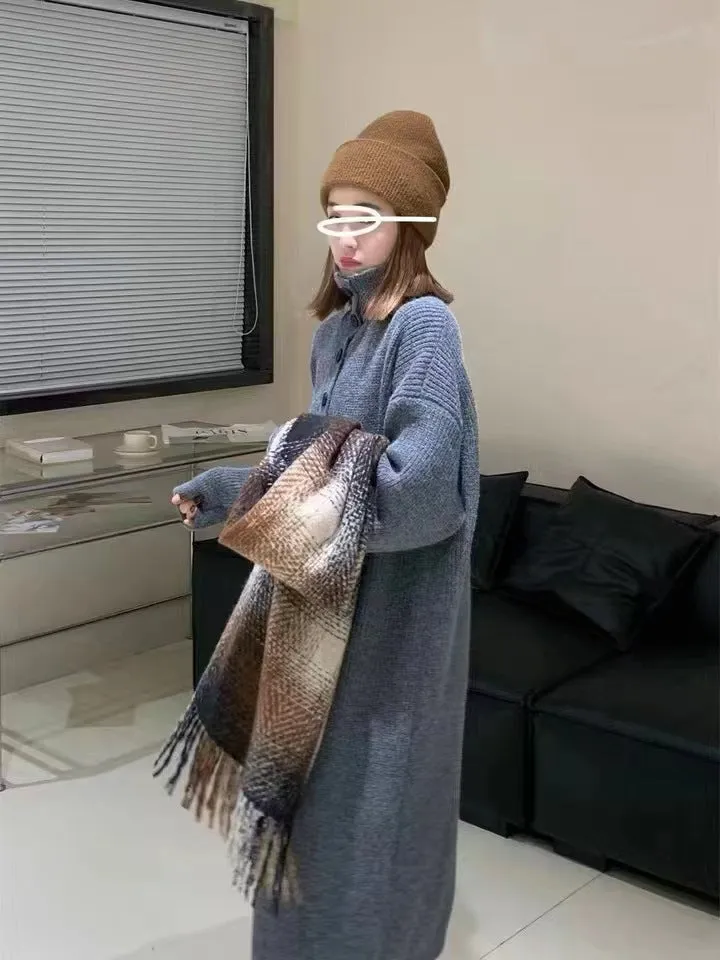 XIEYINSHE 2025Autumn and winter lazy wind over the knee sweater dress women's long meat covering loose tall solid color knitted sweater long dress women