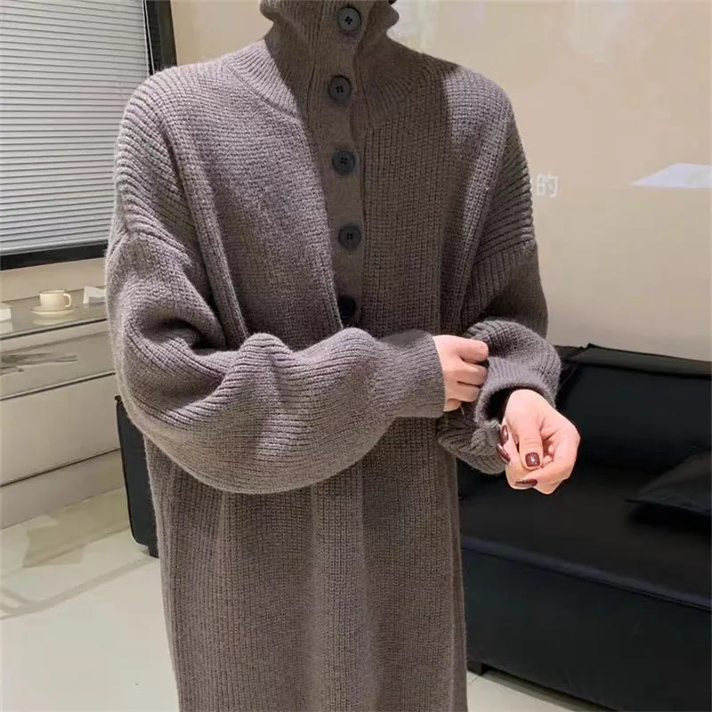 XIEYINSHE 2025Autumn and winter lazy wind over the knee sweater dress women's long meat covering loose tall solid color knitted sweater long dress women