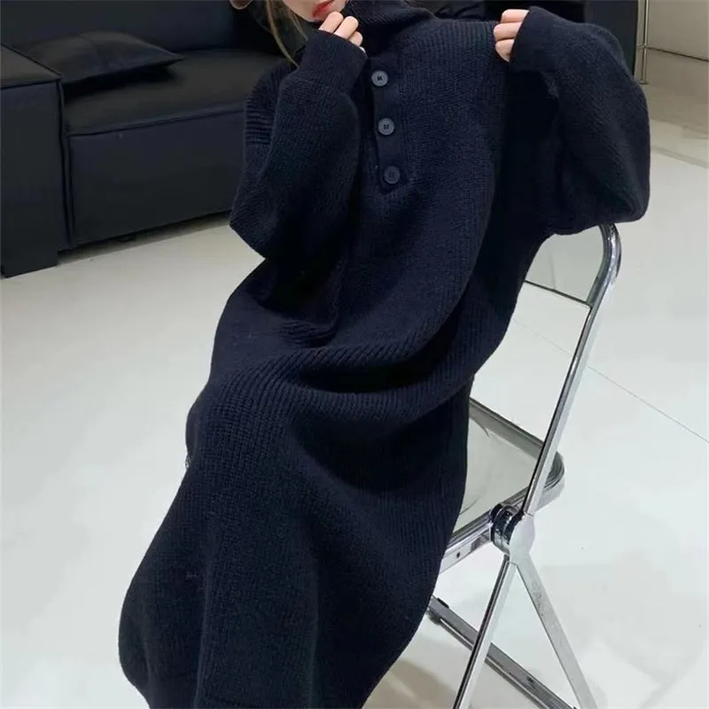 XIEYINSHE 2025Autumn and winter lazy wind over the knee sweater dress women's long meat covering loose tall solid color knitted sweater long dress women