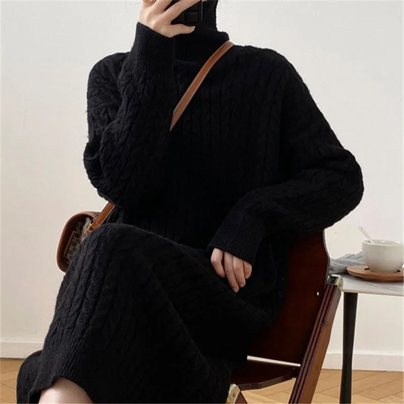 XIEYINSHE 2025Autumn and winter new lazy wind sweater skirt twist straight and loose knee pile collar base long knitted dress