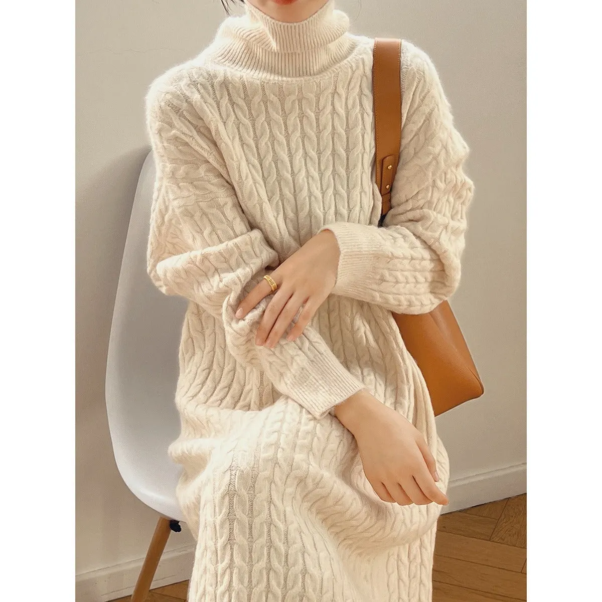 XIEYINSHE 2025Autumn and winter new lazy wind sweater skirt twist straight and loose knee pile collar base long knitted dress