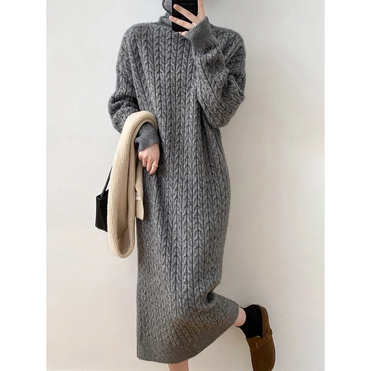 XIEYINSHE 2025Autumn and winter new lazy wind sweater skirt twist straight and loose knee pile collar base long knitted dress