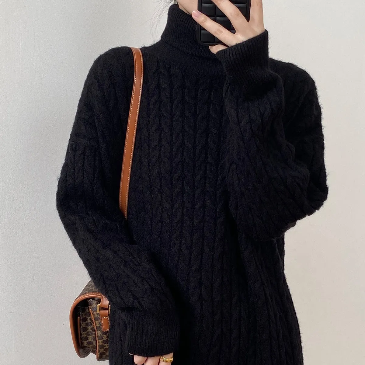 XIEYINSHE 2025Autumn and winter new lazy wind sweater skirt twist straight and loose knee pile collar base long knitted dress