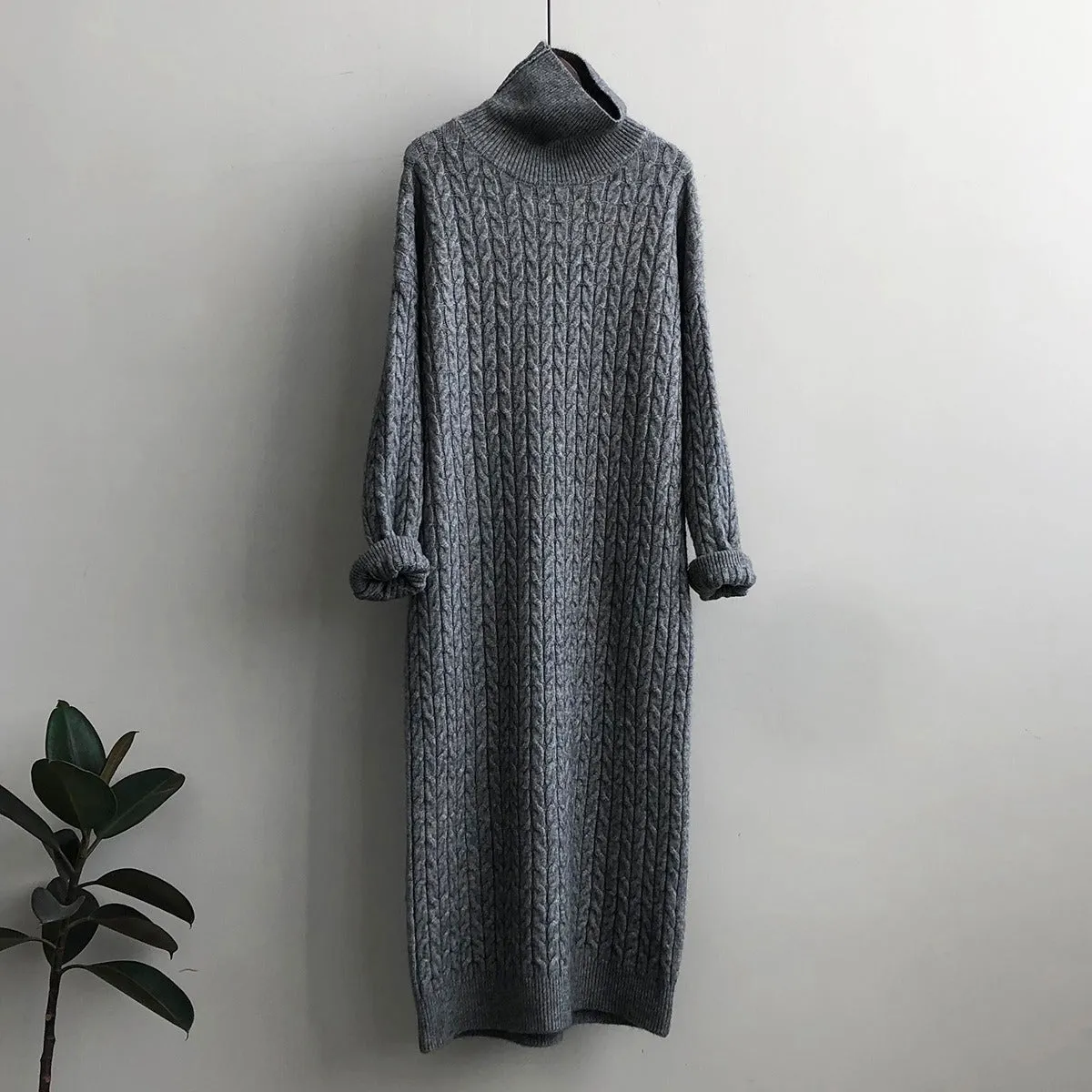 XIEYINSHE 2025Autumn and winter new lazy wind sweater skirt twist straight and loose knee pile collar base long knitted dress