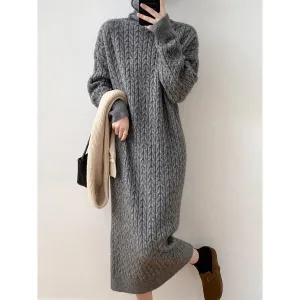 XIEYINSHE 2025Autumn and winter new lazy wind sweater skirt twist straight and loose knee pile collar base long knitted dress